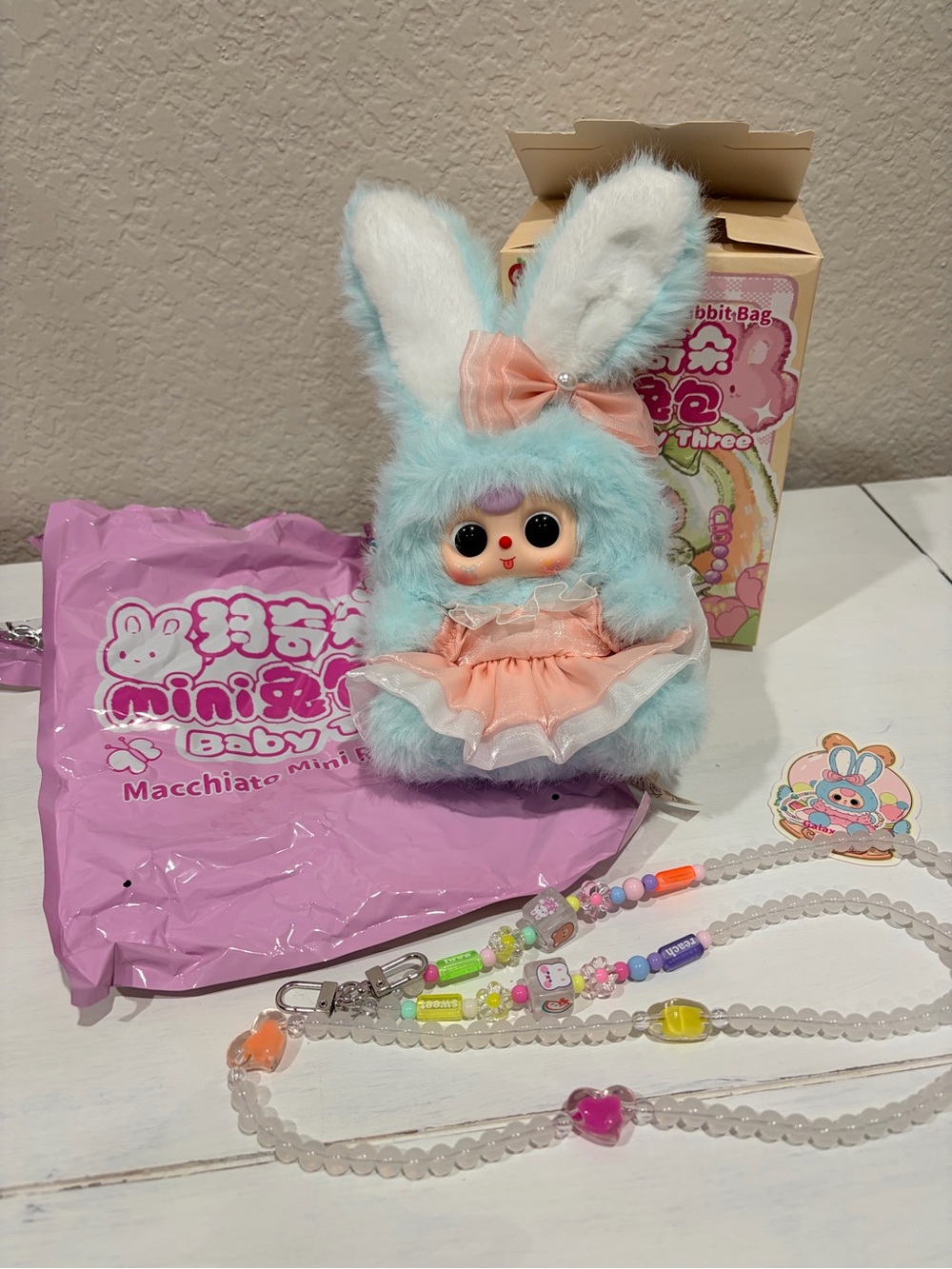 Baby Three Macchiato Mini Rabbit Confirmed "Mint Galaxy"  OPEN With Beaded Chain